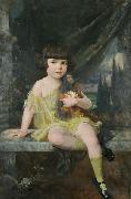 Douglas Volk Young Girl in Yellow Dress Holding her Doll, oil painting